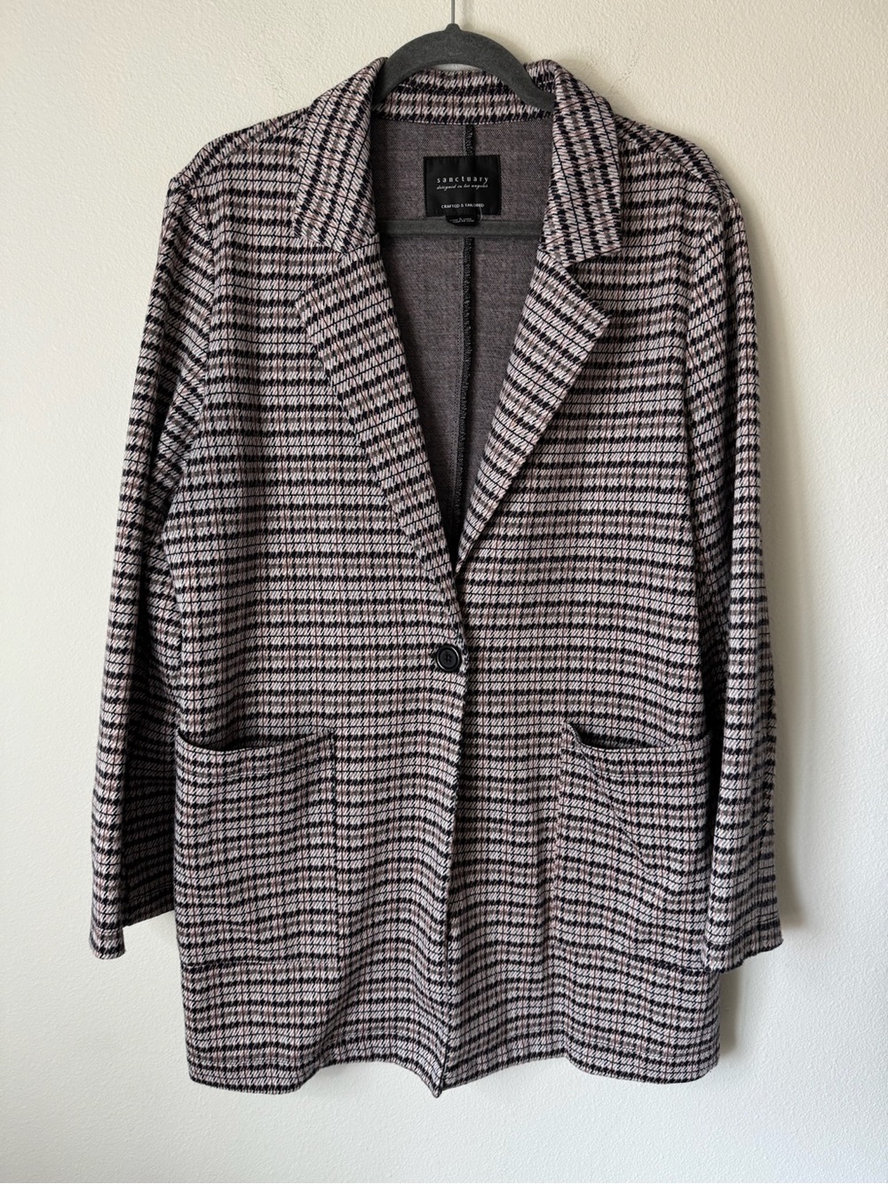 Sanctuary Houndstooth Knit Blazer Womens Large Pink Black Open Front Jacket